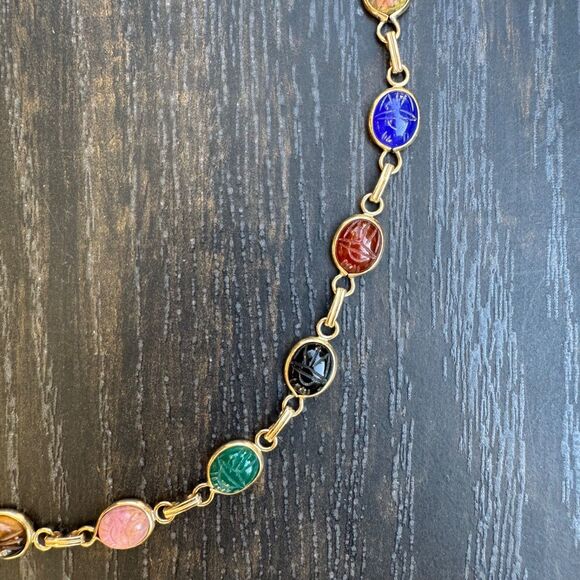 CARLA SCARAB NECKLACE 14K Gold Links 20" Gemstone Scarabs, Vintage Egyptian Rev - Picture 16 of 16